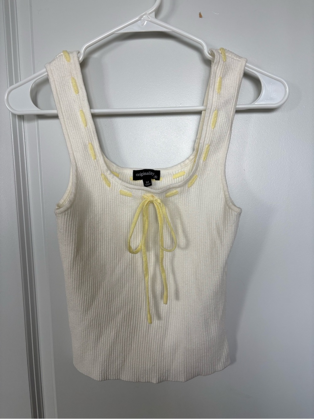 Cream Ribbed Tank Top with Yellow Tie